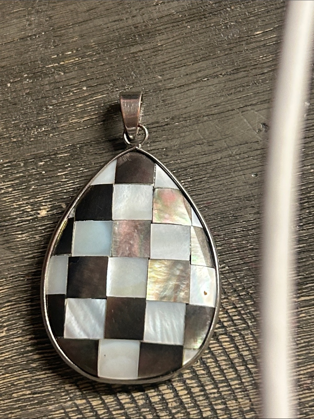Sterling Silver Teardrop Checkerboard Mother-of-Pearl Pendant -‎ Black & White